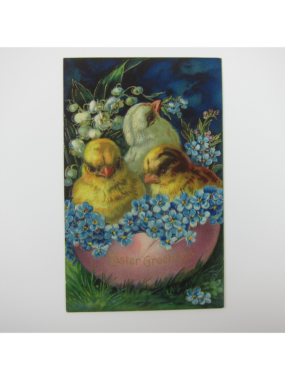 Easter Postcard Yellow Chicks Hatch Pink Egg Blue Flowers Gold Embossed Antique